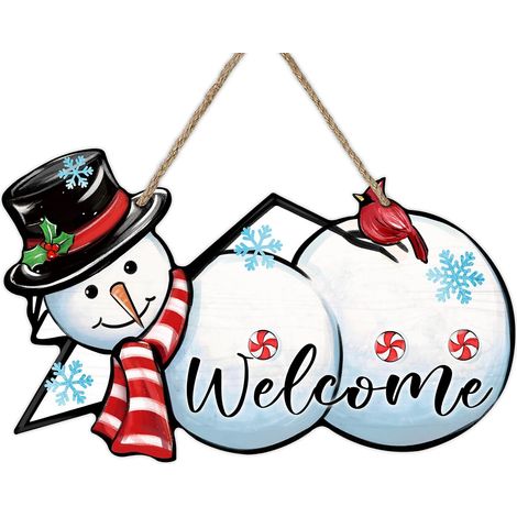 Panneau de porte d'entrée « Bonhomme de neige de bienvenue », décoration de porte en bois pour porche extérieur, couronne de neige festive en bois pour décoration murale intérieure - Accessoires de dé (1/5)