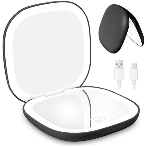 BUNTHAUS Rechargable Miroir de Voyage Grossissant, 10X/1X Miroir Maquillage Grossissant Lumineux, Miroir de Maquillage, avec 3 Couleurs Eclairage, Double Face, pour un Maquillage Précis, Noir (1/5)