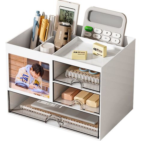 Organiseur Bureau avec tiroir, boîte de rangement, organiseur de fournitures de bureau en plastique pour bureau, école, maison, empilables, pour pen, maquillage