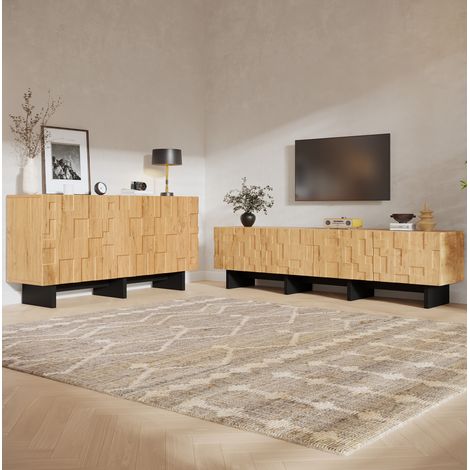 Set mobile TV e credenza in MDF e truciolare effetto legno naturale, 180 cm e 140 cm, OKWISH (1/5)