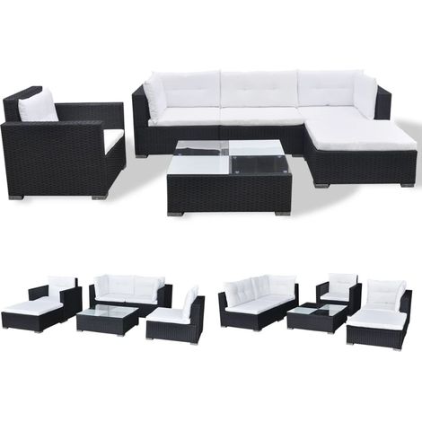 Set Divani da Giardino 6 pz con Cuscini in Polyrattan Nero vidaXL (1/5)