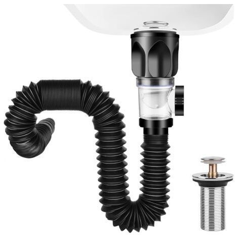 Ensemble de bouchons d'évier, siphon rétractable de 300 à 1 000 mm, bonde d'évier avec bonde flexible et crépine escamotable, pour salle de bain et cuisine (noir) (1/5)