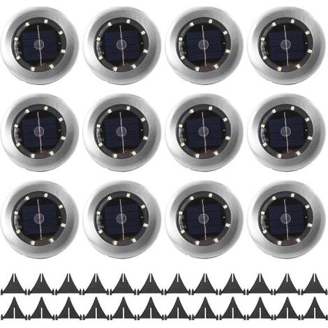 Lot de 12 lampes solaires de jardin à LED (8 disques), étanches IP65, pour allées, pelouses, terrasses et cours. (1/5)