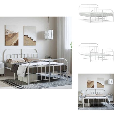 Cadre de lit métal sans matelas et pied de lit blanc 150x200 cm - Cadre De Lit - Lit Double - Lit Metal - Lit Blanc - Meuble Chambre (1/5)