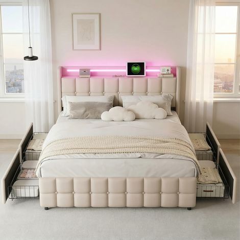 lit 160x200,Lit adulte 160x200 avec 4 tiroirs,Tête de lit avec lumières LED réglables et chargement USB,Lit double 160x200 cm, sommier à lattes, Dossier souple, lit capitonné en lin,beige (1/5)