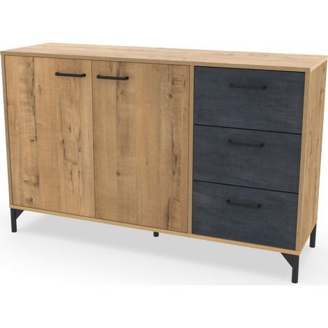 Buffet commode meuble de rangement coloris chêne doré/effet marbre noir - Longueur 135 x Profondeur 40 x Hauteur 85 cm (1/5)