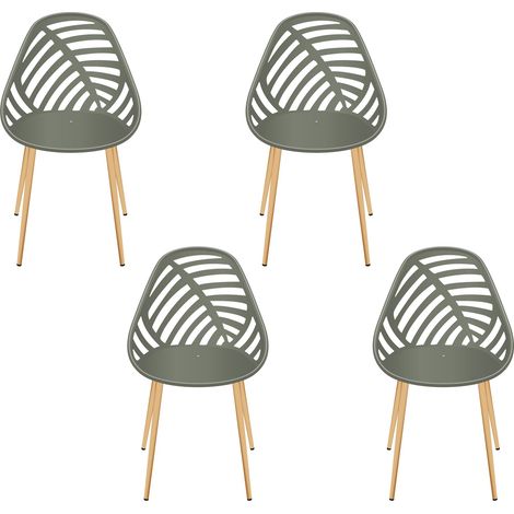 The Home Deco Factory – Lot de 4 chaises ajourées vert olive – Assise en plastique – Pieds effet bois – Pour intérieur et extérieur