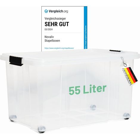 Boîte de rangement Novaliv avec couvercle, grande 55L, transparente, emboîtable, boîte en plastique empilable avec fermeture à clip, boîte Euro avec