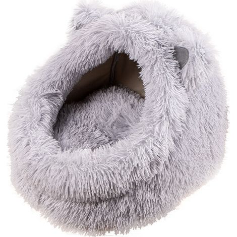 Niche Chat Oreilles Peluche Longue Taille L 47x41x39 cm – Igloo Semi-Fermé Hiver, Fourrure Shaggy + Coton PP, Grotte Lavable, Maison Intérieur Sphynx et Petit Chien, Gris (1/3)