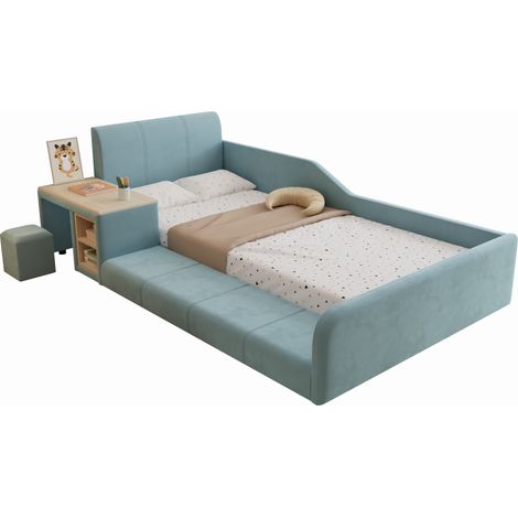 Lit rembourré, lit simple avec bureau enfant et tabouret, avec tablette de rangement, tête de lit moelleuse, lit enfant avec lattes en bois, velours, bleu, 90x200cm (1/5)