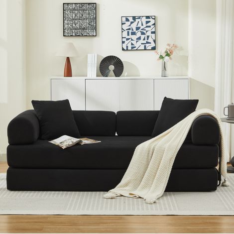 Divano letto pieghevole in velluto a coste nero con 2 cuscini, letto convertibile senza montaggio (1/5)