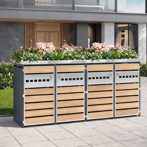 Armoire de jardin métal gris avec 4 compartiments poubelles (1/5)