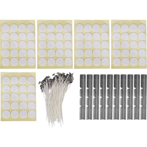 100 pièces Mèche de Bougie Blanche avec Support, 100 pièces Ruban Adhésif Double Face Mousse, 10 pièces Support de Mèche en Acier Inoxydable Jaune