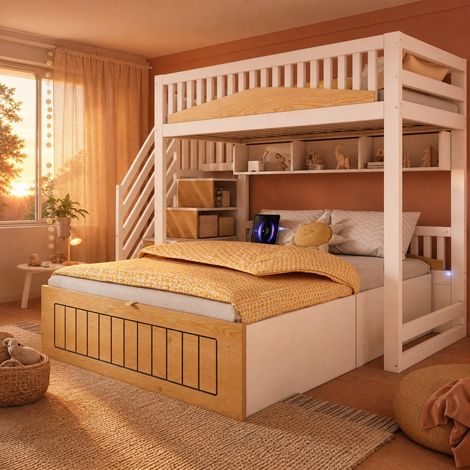 Letto a castello 90/140 x 200 cm bianco e naturale con vano idraulico e prese USB-C (1/5)