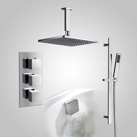 Lilly 3 Dial 3 Way Square Concealed Thermostatic Mixer Valve, Slider Rail, Square Handset, Square Ceiling Shower Head, Bath Filler & Waste Chrome (1/5)