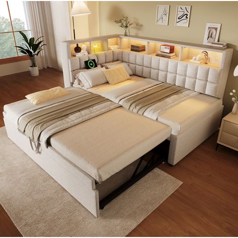 Letto imbottito 90x200 cm beige in lino-cotone con letto estraibile, LED e Bluetooth (1/5)