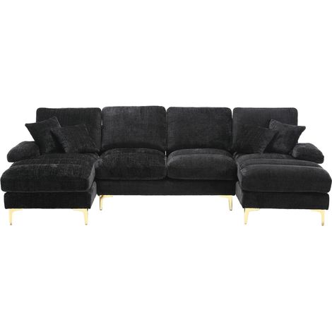 Canapé d'angle en chenille moderne en forme de U avec deux places allongées - 272x136x88 cm, cadre bois, pieds métal doré (1/5)