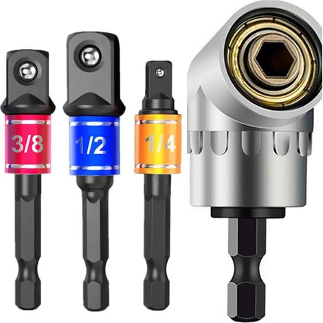 Ensemble de 3 douilles et adaptateurs pour outils à main électriques à percussion : embouts de vissage à queue hexagonale de 1/4, 3/8 et 1/2 pouce + rallonge de vissage à angle droit de 105° avec acce (1/5)
