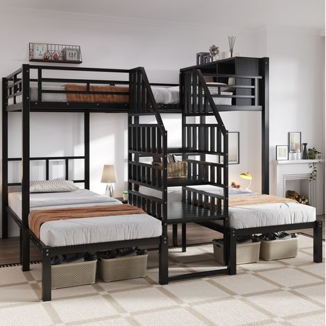 Letto a castello moderno 90x200/140x200 cm in metallo e legno nero, 3 posti, scala con corrimano e vano contenitore (1/5)
