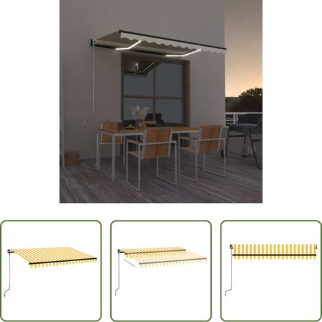 Auvent rétractable -  Auvent manuel rétractable avec LED 350x250 cm Jaune et blanc (1/5)