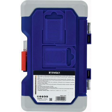 Tivoly • Scatola da 7 punte per calcestruzzo 3 punte autocentranti • Gambo SDS+ • Da Ø5mm a Ø12mm • Per forare cemento armato