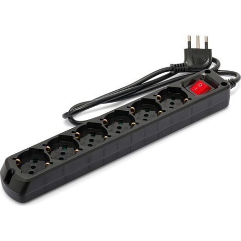 Multiprise plate avec prise multiple (6 prises Schuko et 10/16 A), multiprise électrique avec grande fiche 16 A, câble long 1 m, interrupteur lumineux, prises sûres – Noir (1/5)
