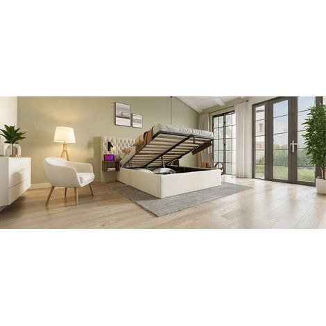 Letto matrimoniale contenitore 267x215x105 cm, con 2 comodini, luci lettura USB e Type C, velluto beige (1/5)
