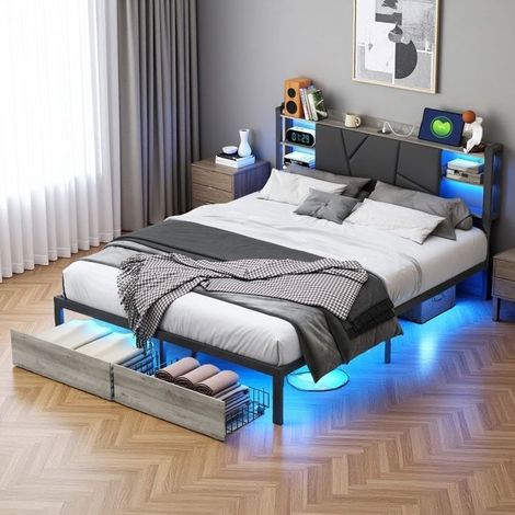 Doppelbett 160x200 cm - Schwarzer Eisenrahmen - 2 Schubladen zur Aufbewahrung - LED-Stimmungslicht - Traglast 300 kg