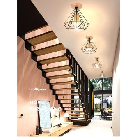 kawoo Lot de 4 Plafonnier Retro en Cage Diamant Noir Lustre Plafonnier Vintage Industrielle Designe Simple pour Salon Chambre (1/4)