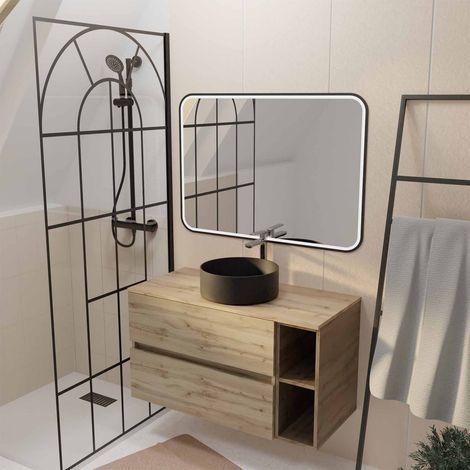 Mueble de baño 100cm Efecto Roble 2 Cajones Lavabo Negro Espejo LED 100x70