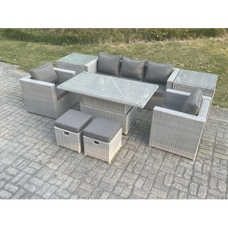 Fimous Rattan Gartenmöbel Set mit Sofa, Höhe verstellbar Esstisch und Hocker,Sessel,2 Beistelltisch,Outdoor Terrassen Essgruppe 8-teilige Sitzgruppe Helles Grau (1/5)