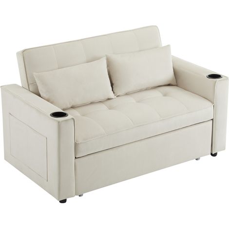 Sofá cama plegable de terciopelo beige de 2 plazas con portavasos y cojines (1/5)