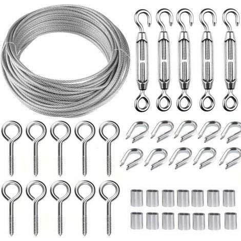 1 kit câble métallique, acier inoxydable 304, 5 m × 2 mm, tendeurs M5, accessoires de fixation, pour soutien végétal, garde-corps, clôture (1/5)
