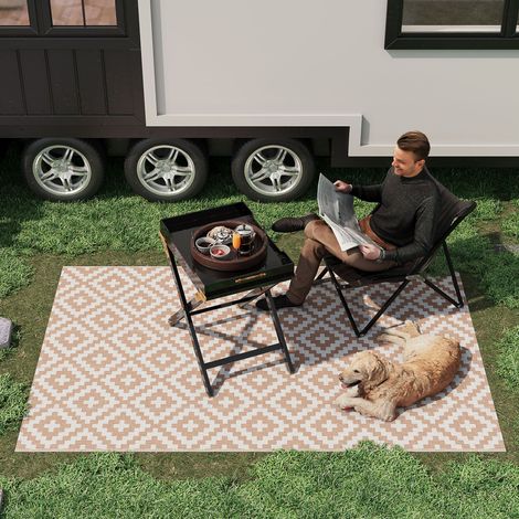 Alfombra de exterior Outsunny, estilo gráfico - Alfombra reversible con 2 diseños - Dimensiones: 2,74 m de largo x 1,82 m de ancho - Polipropileno de alta densidad 310 g/m² Blanco Beige (1/5)