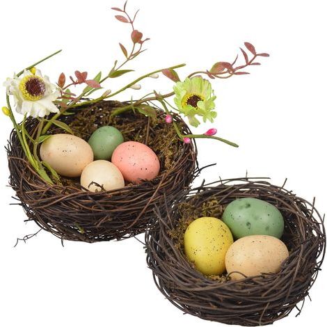 2 Set Nid d'oiseau,Œuf moucheté,Rotin,Mousse,Décoration maison,Jardin,Fête de Pâques (1/5)