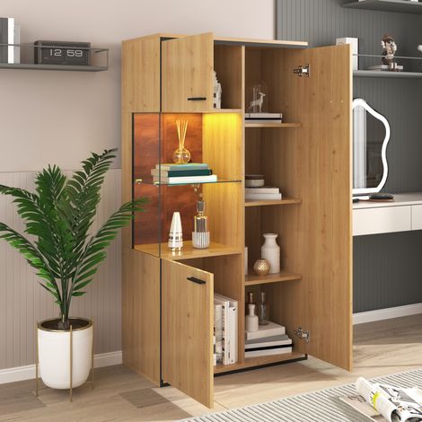 Vitrine lumineuse LED 150 cm - Meuble d'exposition à porte vitrée, étagères modulables, 15 teintes disponibles, grand volume de rangement, fond miroir, armoire de présentation élégante