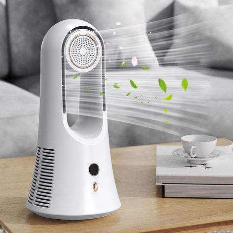 Ventilateur Sans Pales de Bureau Portable 14,2", Mini Ventilateur Silencieux Rechargeable avec 6 Vitesses et Fonction Aromathérapie – Blanc