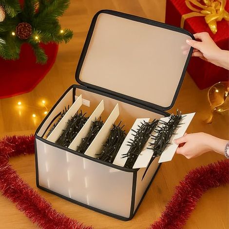 Christmas Lights Storage Box, Cube with Inserts for Storing Garlands, Balls, String Lights, Christmas Ornaments and Attic Decorations, 32 x 25 cm, Black (1/3)