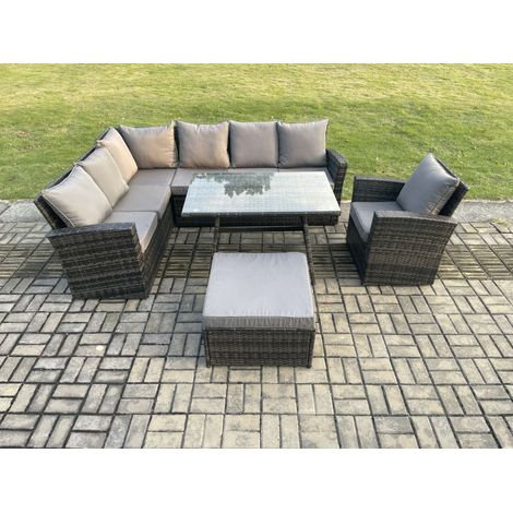 Fimous Outdoor Furniture Garden Dining Set Rattan Corner Sofa Set with Rectangular Dining Table Armchair Big Footstool Dark Grey Mixed (1/5)