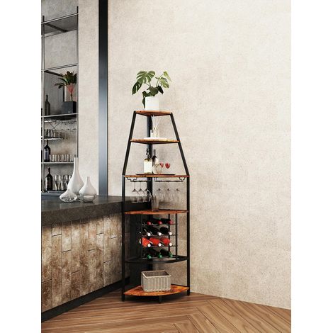 Casier à vin d’angle 6 niveaux métal et bois avec porte-verres