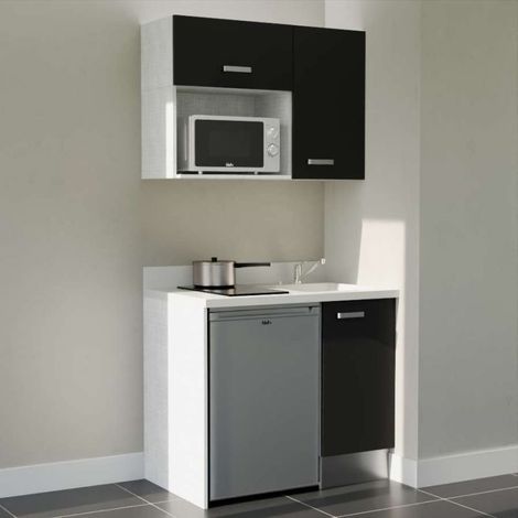 Kitchenette K00L - 100 cm - plan monobloc évier intégré Snova- évier à droite - Façades Noir + Electroménager inclus coloris Inox (1/5)