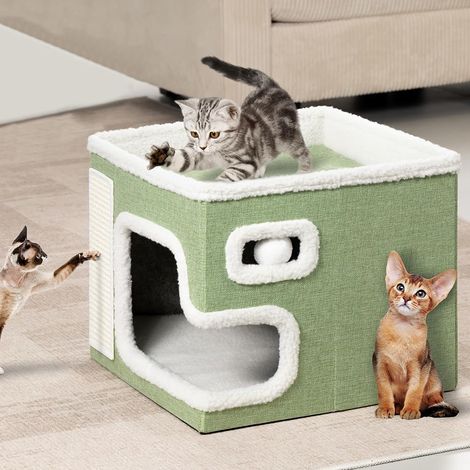 Niche pour Chat Pliable avec Grande entrée, abris pour Animaux domestiques, griffoir en Polyester Chaud et rembourré, lit rayé, Base antidérapante 42 x 42 x 33 cm (Vert) (1/5)