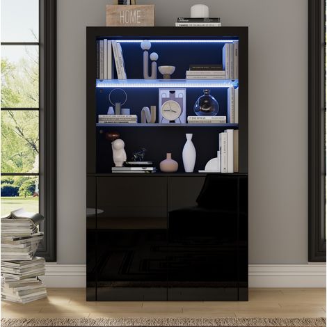 Vitrine noire 100 x 35 x 170 cm avec LED, 2 portes HAVRYA (1/5)