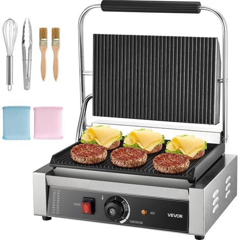 Gril Panini Électrique 2200 W, Machine à Panini avec Plaque Émaillée Plate de 34x23 cm, Appareil à Sandwich en Inox, avec Poignée et Contrôle de la Température, pour Hamburger, Steak, Cuisine