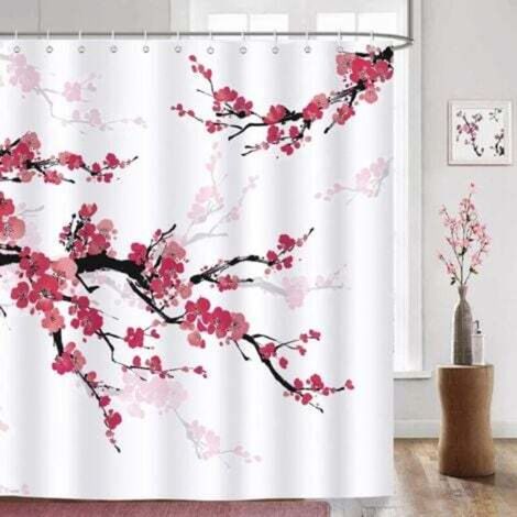Red Cherry Blossom Shower Curtain, Polyester Fabric Bath Curtain, Anti-Mold, Waterproof, Washable Bathroom Curtain with 12 Hooks
