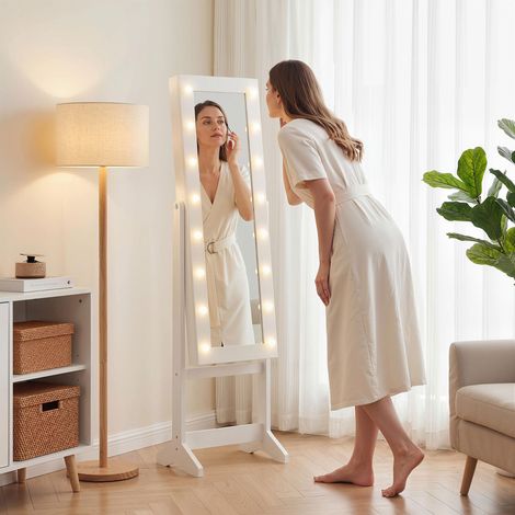 Coffret à bijoux, armoire de rangement autoportante, boîte à bijoux avec miroir, plusieurs compartiments, éclairage LED blanc (1/5)