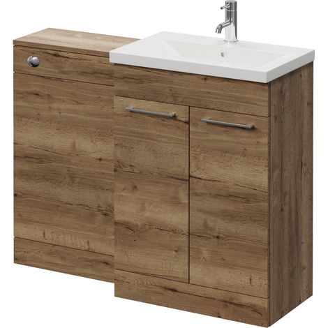 Napoli 390 Tobacco Oak 1100mm 2 Door Vanity Unit Toilet Suite with Glide Basin - 1100mm - Chrome 160mm HandleWithout Kingston Toilet Pan
