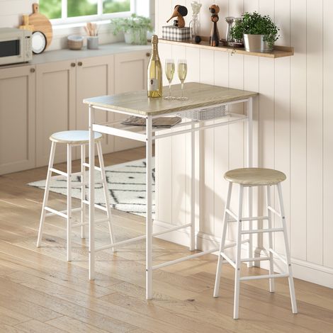 Ensemble bar en bois de style nordique avec comptoir et 2 tabourets hauts, étagère et repose-pieds. Blanc.