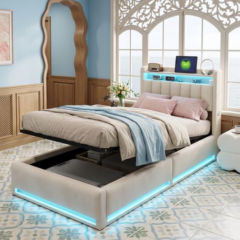 Lit Coffre Simple 90x190 cm Velours Beige, avec Tête de Lit Rabattable Rangement, Connecté LED et USB, Sommier Inclus, Gain de Place (1/5)