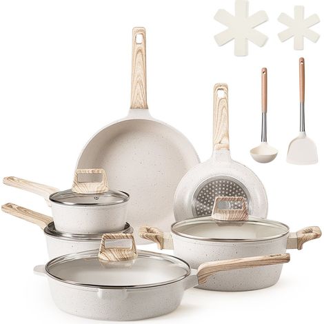 Batterie de cuisine, 17 pcs, ensemble de casseroles et poêles à induction avec revêtement anti-adhésif en granit, couvercles en verre trempé, avec friture, sauce, sauté, passe au gril, blanc (1/5)
